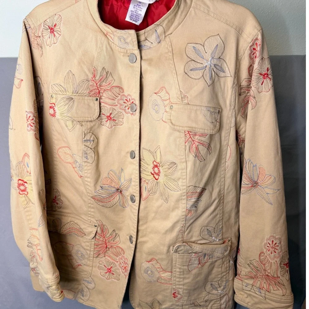 Susan Graver 1X Tan Floral Embroidered Jacket Cotton Blend Utility Plus Size - Picture 2 of 9